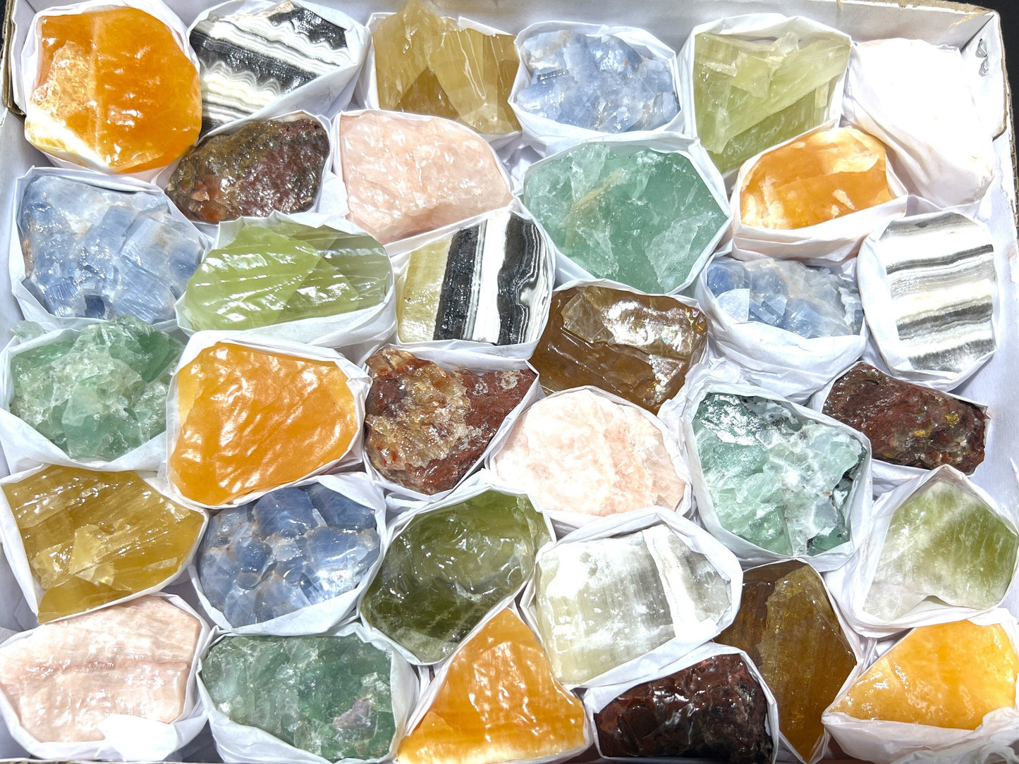 Assorted Calcite & Fluorite Mixed Rough Raw Crystals Wholesale Collection Orange Blue Zebra Green Box Flat