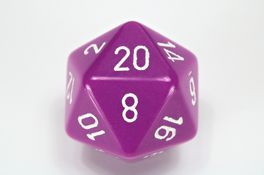 34mm (L) Single d20 Opaque Polyhedral Light Purple/white d20 (Sold per die)