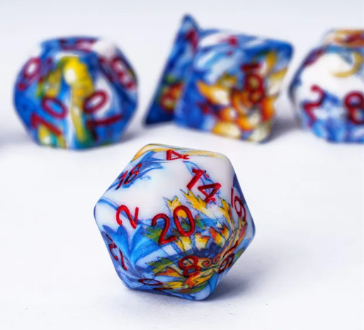 Fancy Multi-Colour Mix Pattern Dice 7-Dice Set w/Red Dnd Dice Resin