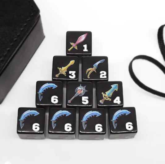 (Black) Sword Dice | Printed d6 Dice Featuring Fantasy Weapons Numbered