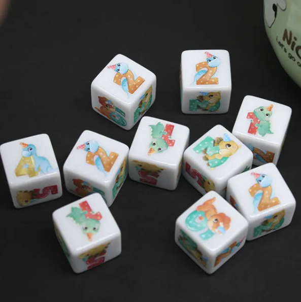 (White) Dinosaur Dice | Printed d6 Dice Featuring Cute Dinos Numbered