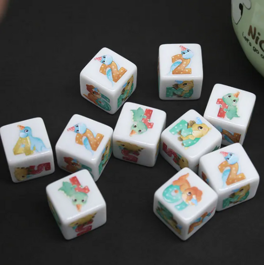 (White) Dinosaur Dice | Printed d6 Dice Featuring Cute Dinos Numbered