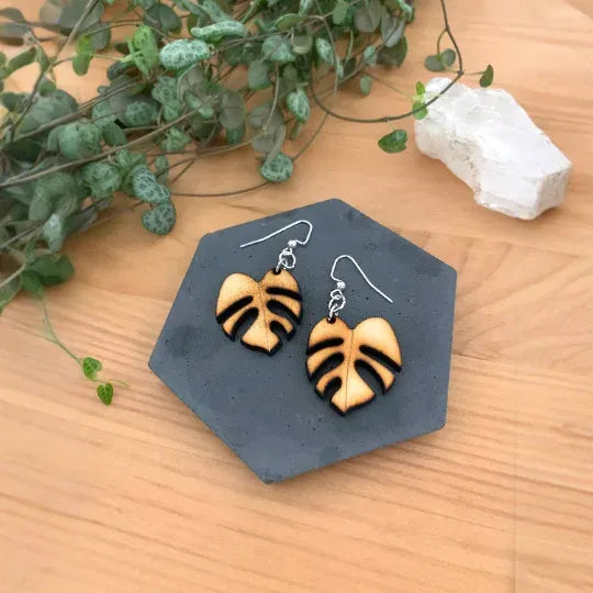 Young Monstera Deliciosa Wooden Earrings