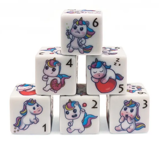 (White) Unicorn Dice | Printed d6 Dice Featuring Fantasy Animal Numbered