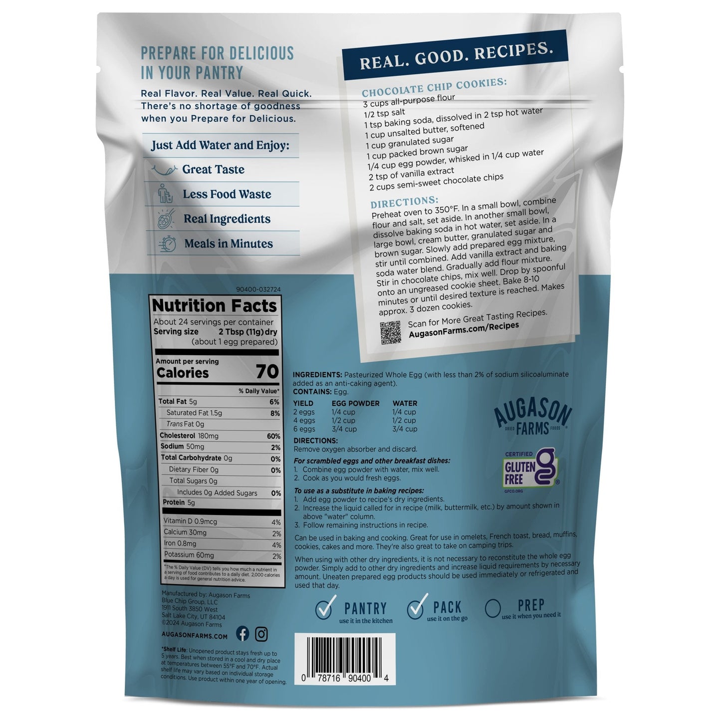 Pasteurized Dried Whole Egg Powder Pouch, 24 Servings
