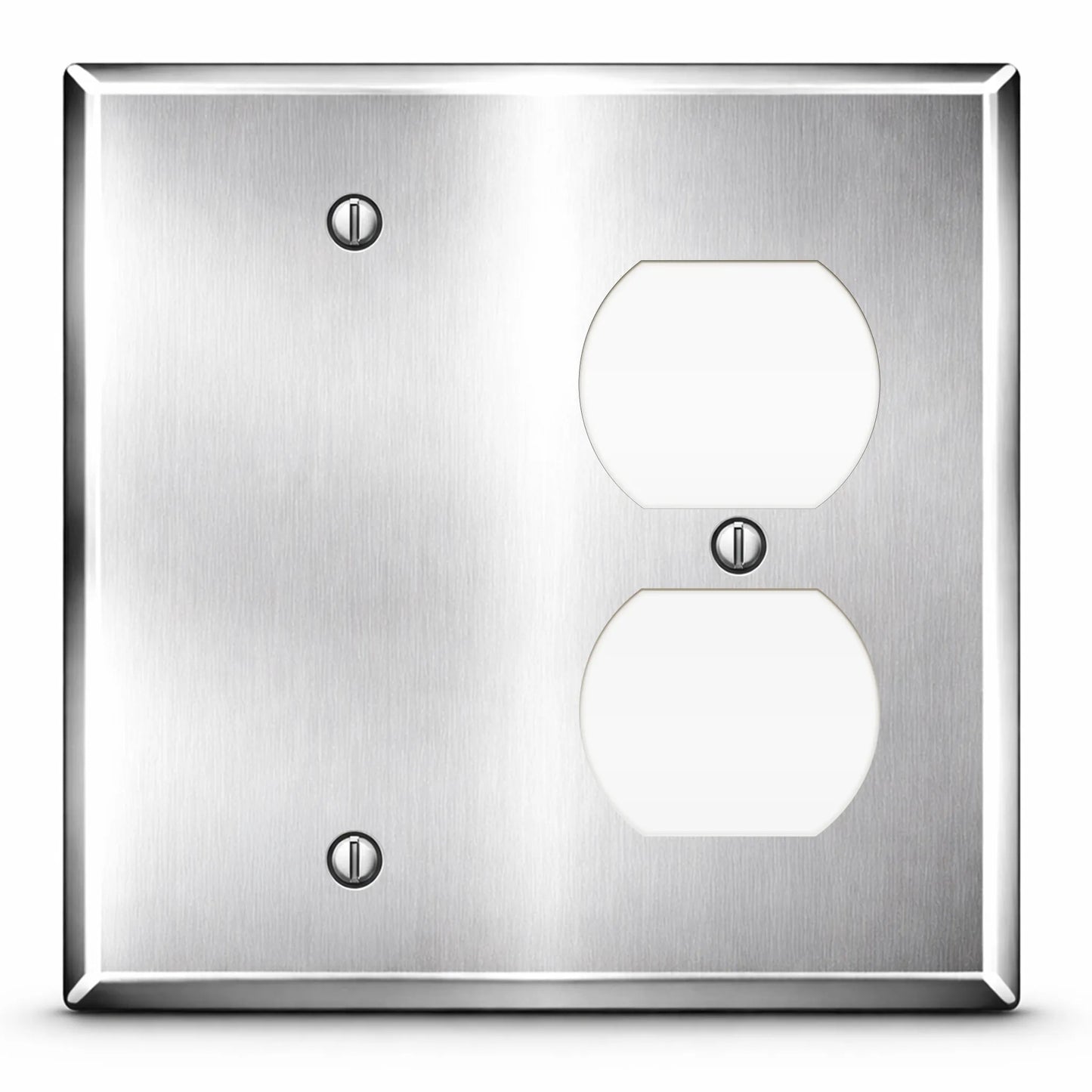 2 Gang Stainless Steel Duplex Receptacle and Blank Wall Plate - Made in USA