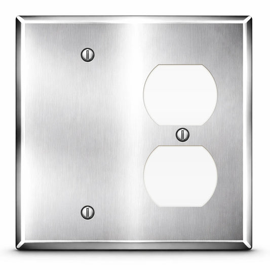 2 Gang Stainless Steel Duplex Receptacle and Blank Wall Plate - Made in USA