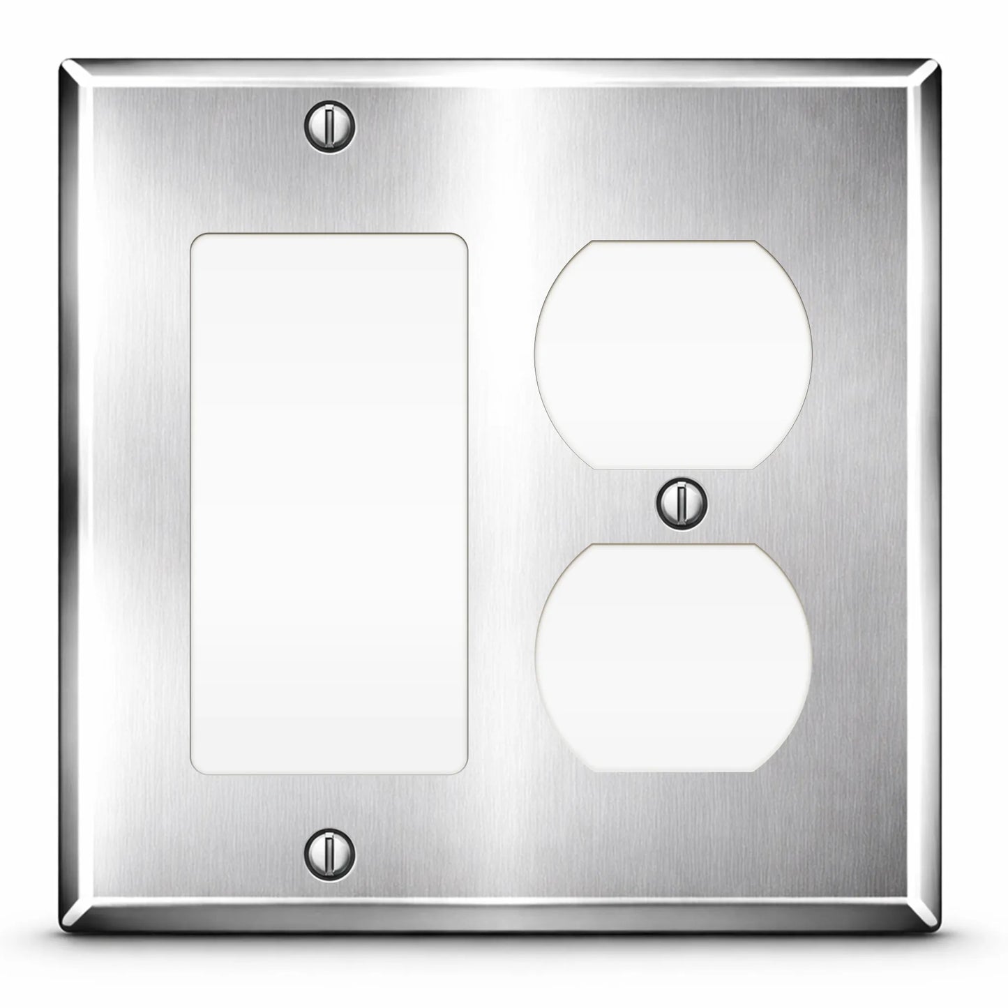 2 Gang with 1 duplex and 1 Rocker, standard size, Stainless Steel wallplate
