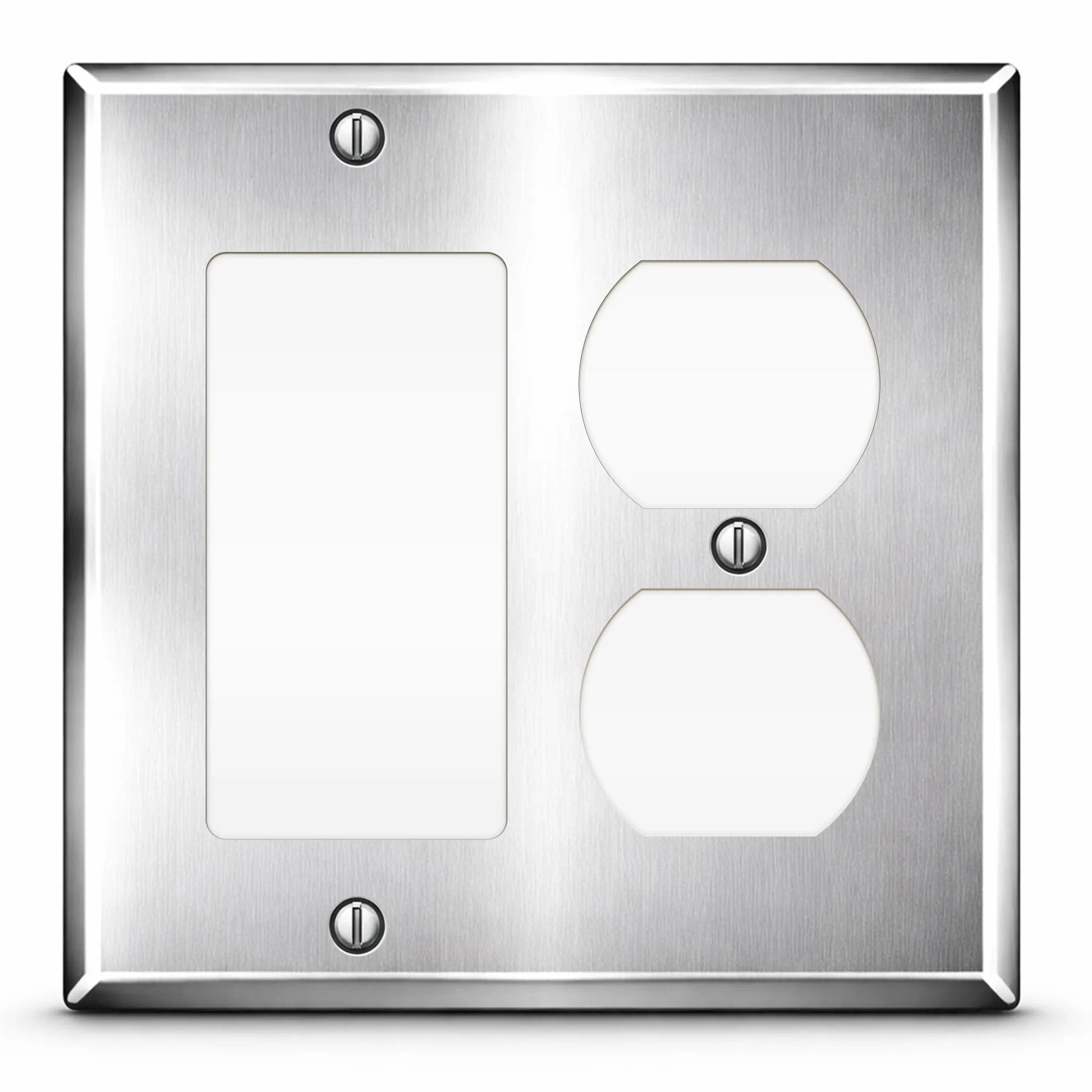 2 Gang with 1 duplex and 1 Rocker, standard size, Stainless Steel wallplate
