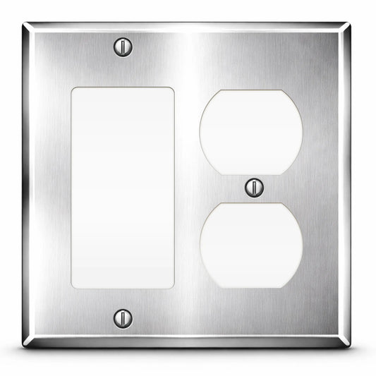 2 Gang with 1 duplex and 1 Rocker, standard size, Stainless Steel wallplate