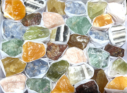 Assorted Calcite & Fluorite Mixed Rough Raw Crystals Wholesale Collection Orange Blue Zebra Green Box Flat