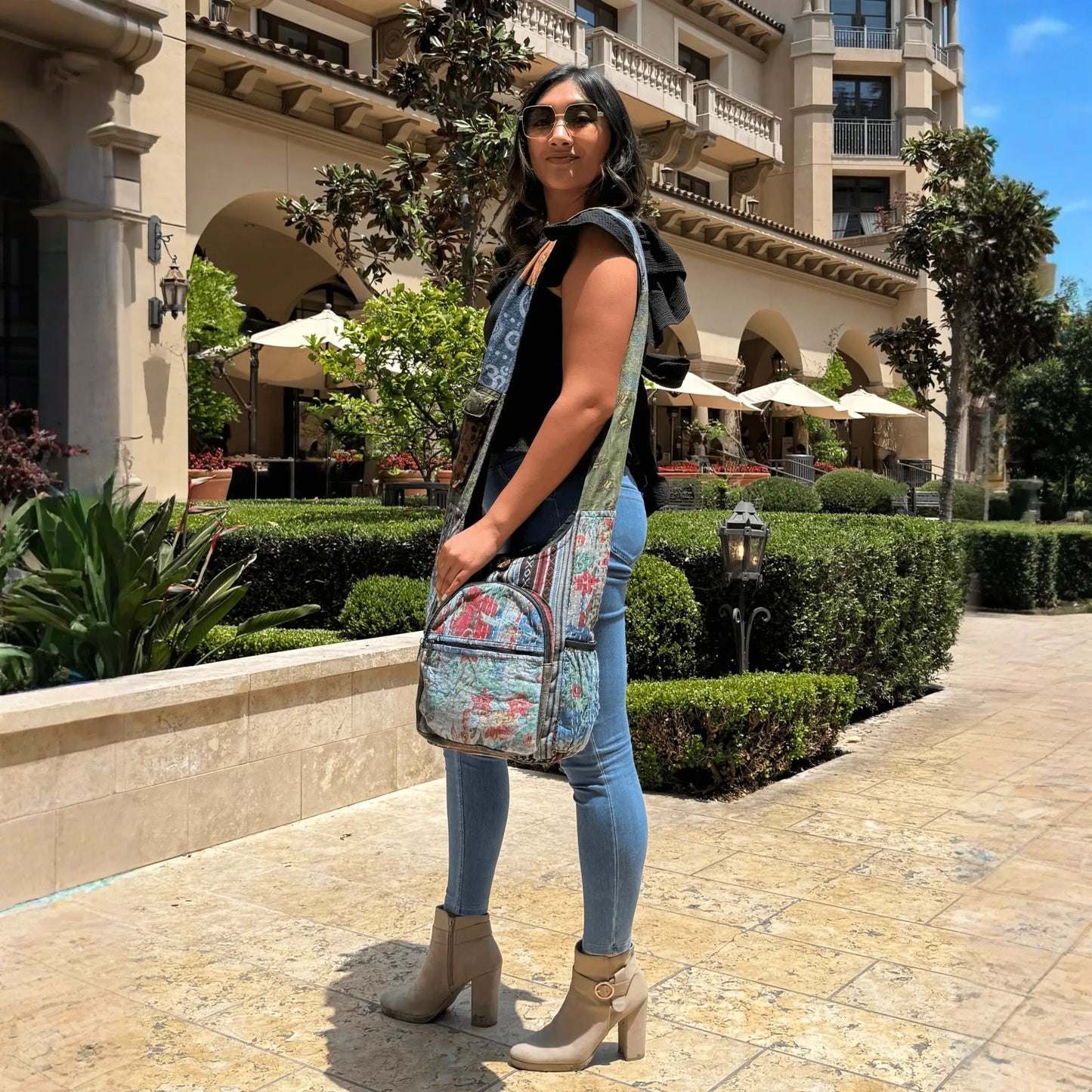 Kathmandu Collection Vintage Patchwork Hobo Bag with Water Bottle Pockets