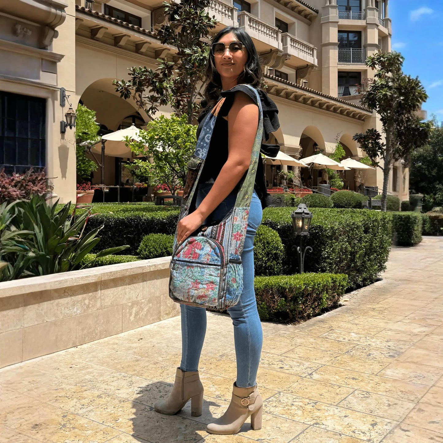 Kathmandu Collection Vintage Patchwork Hobo Bag with Water Bottle Pockets