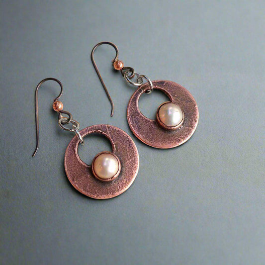 Handcrafted Pearl Drop Earrings with Copper Design Elegance