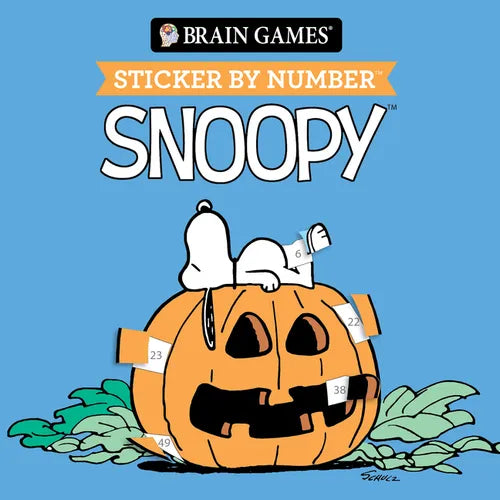 Brain Games - Sticker by Number Compact Edition: Snoopy 7x7 Inches Cozy Fall Craft, Travel Size Activity Book for Adults & Kids 7+ Officially Licensed