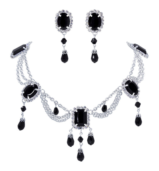 Jet Octagon and Oval Necklace and Earring Set 12682 - eJools - Little Red General Store