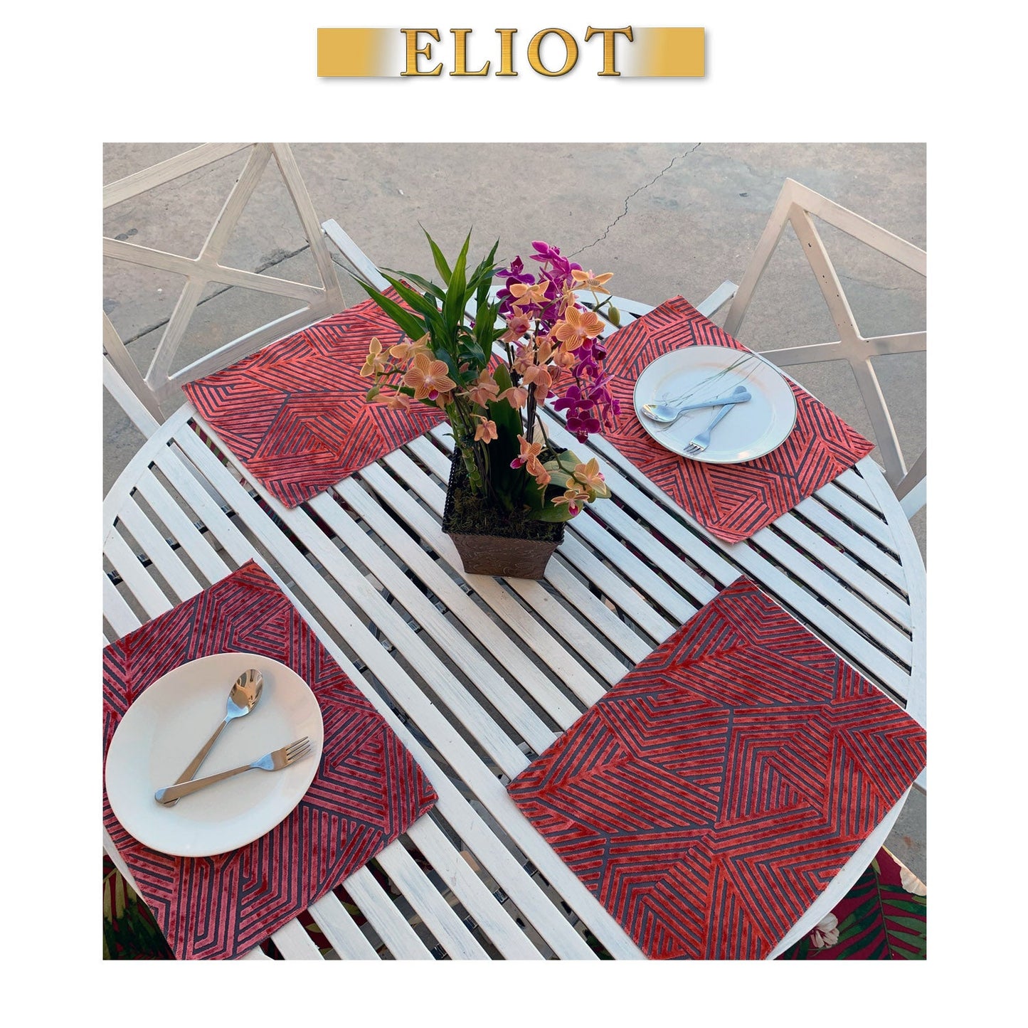 Aurora - Pack of 4 Beautiful Geometric Burnout Velvet One-Side Placemats - Color: Atomic