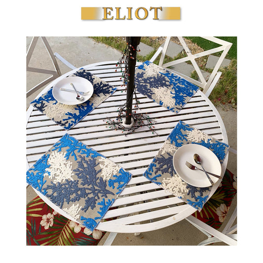 Reef - Pack of 4 Beautiful Cut Velvet One-Side Placemats - Color: Indigo