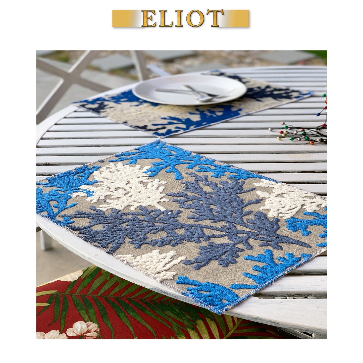 Reef - Pack of 4 Beautiful Cut Velvet One-Side Placemats - Color: Indigo