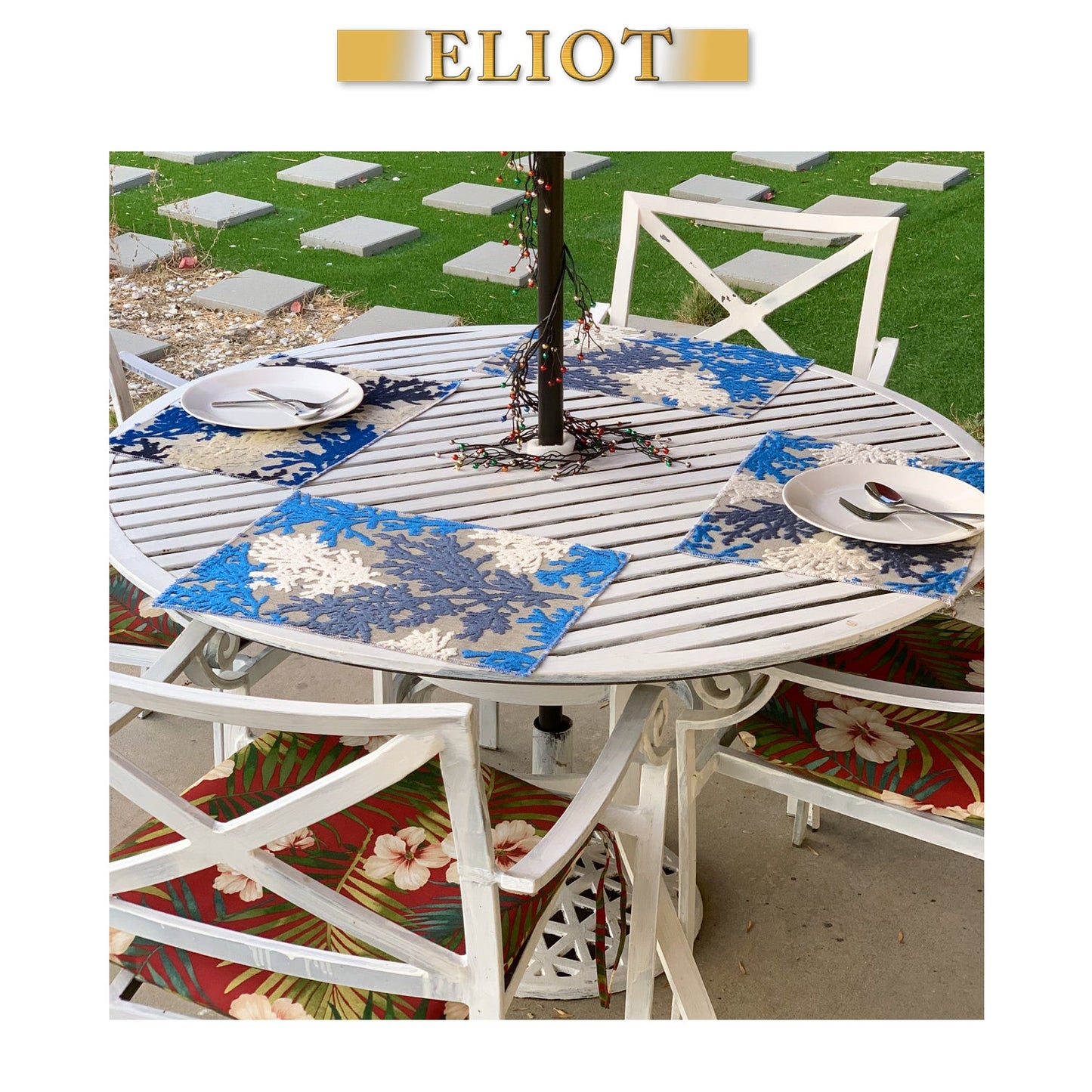 Reef - Pack of 4 Beautiful Cut Velvet One-Side Placemats - Color: Indigo