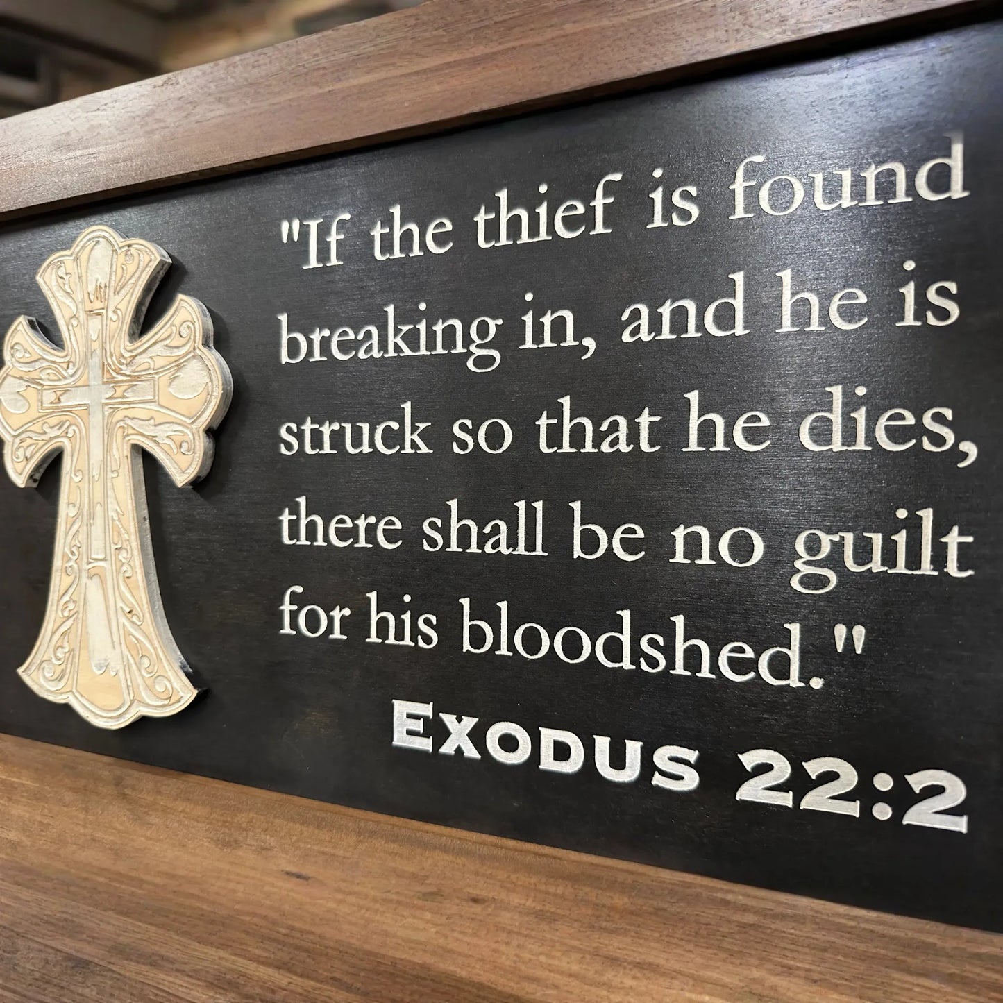 Decorative Gun Cabinet Wall-Mounted & Secure with a Cross and Exodus 22:2 - Gun safe To Securely Store Your Gun & Home Self Defense Gear