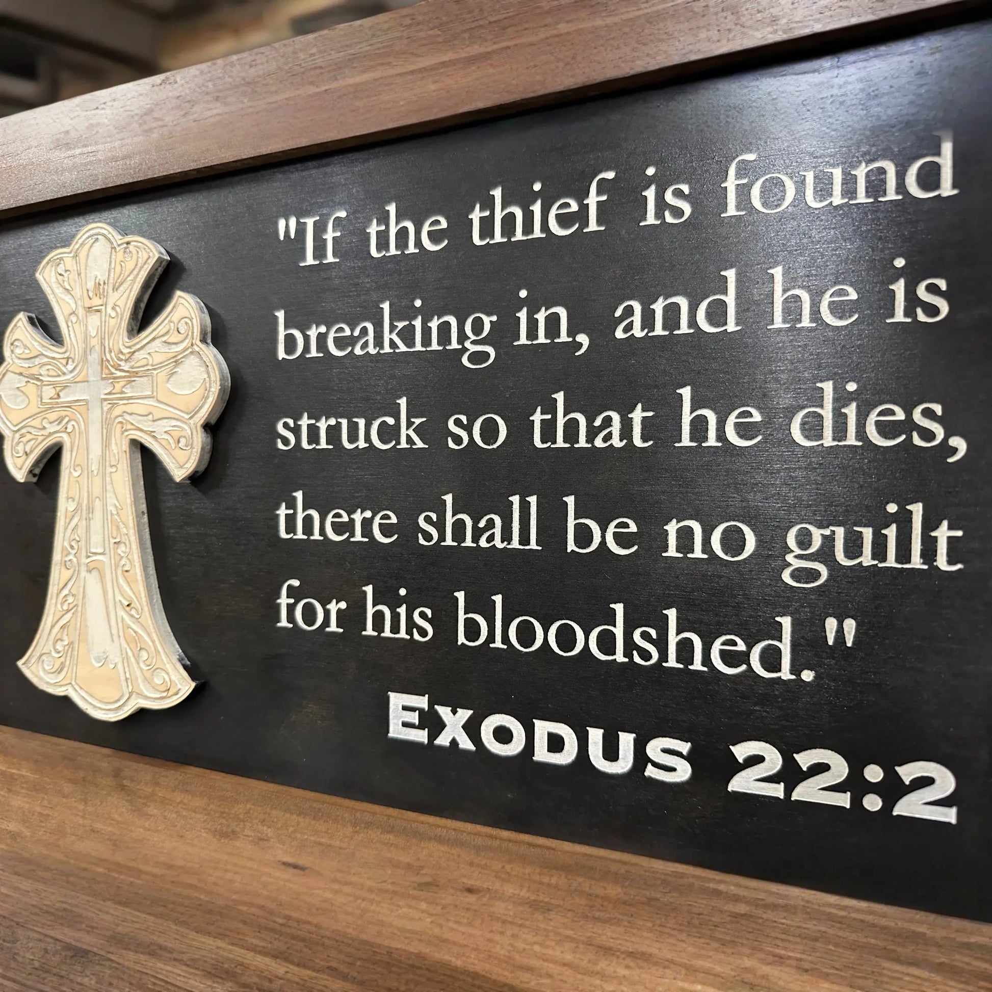 Decorative Gun Cabinet Wall-Mounted & Secure with a Cross and Exodus 22:2 - Gun safe To Securely Store Your Gun & Home Self Defense Gear