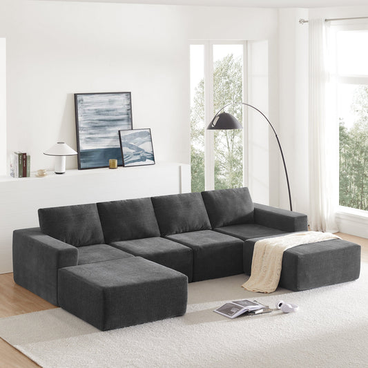 110*72' Modular U Shaped Sectional Sofa with Ottomans,Luxury Cloud Chenille Floor Couch with Deep Seat,No Assembly Required,Fully Compressed Upholstered Sofa for Living Room,Bedroom,3 Colors