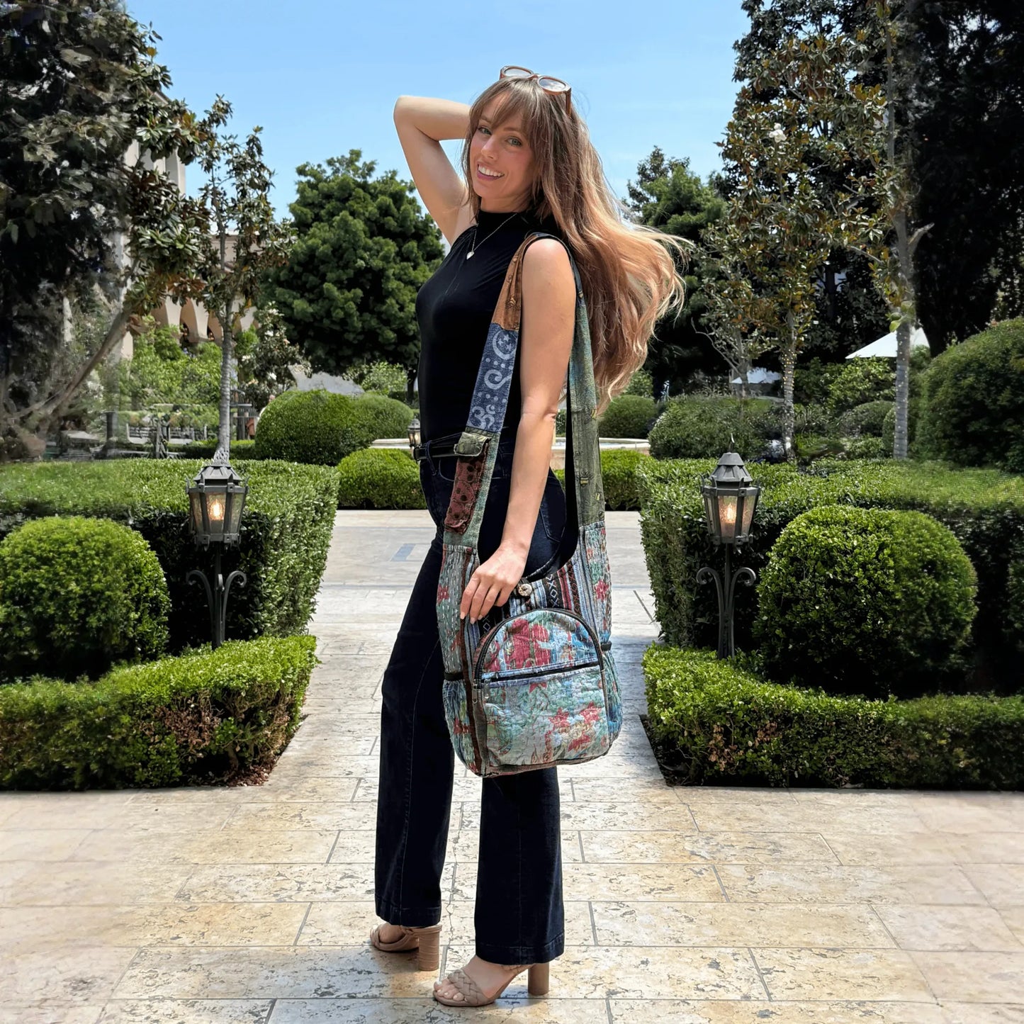 Kathmandu Collection Vintage Patchwork Hobo Bag with Water Bottle Pockets