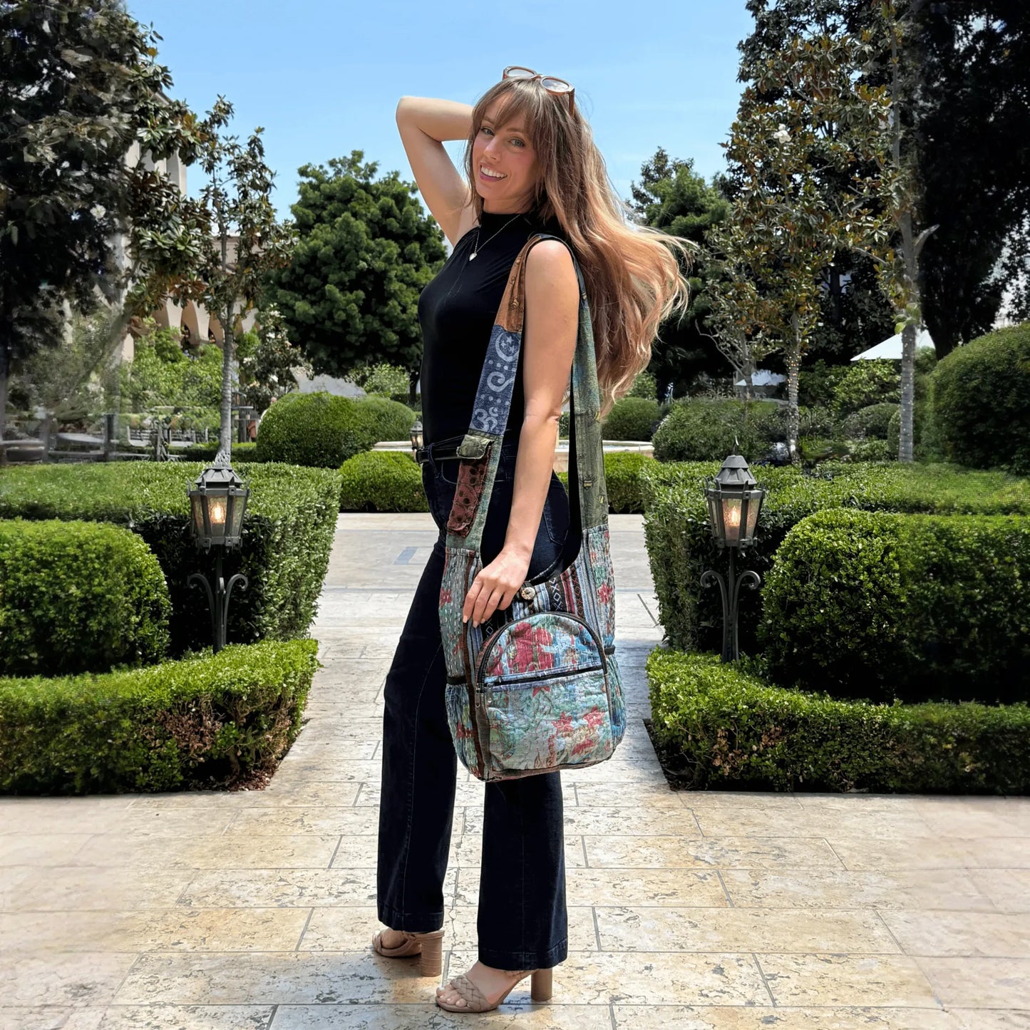 Kathmandu Collection Vintage Patchwork Hobo Bag with Water Bottle Pockets