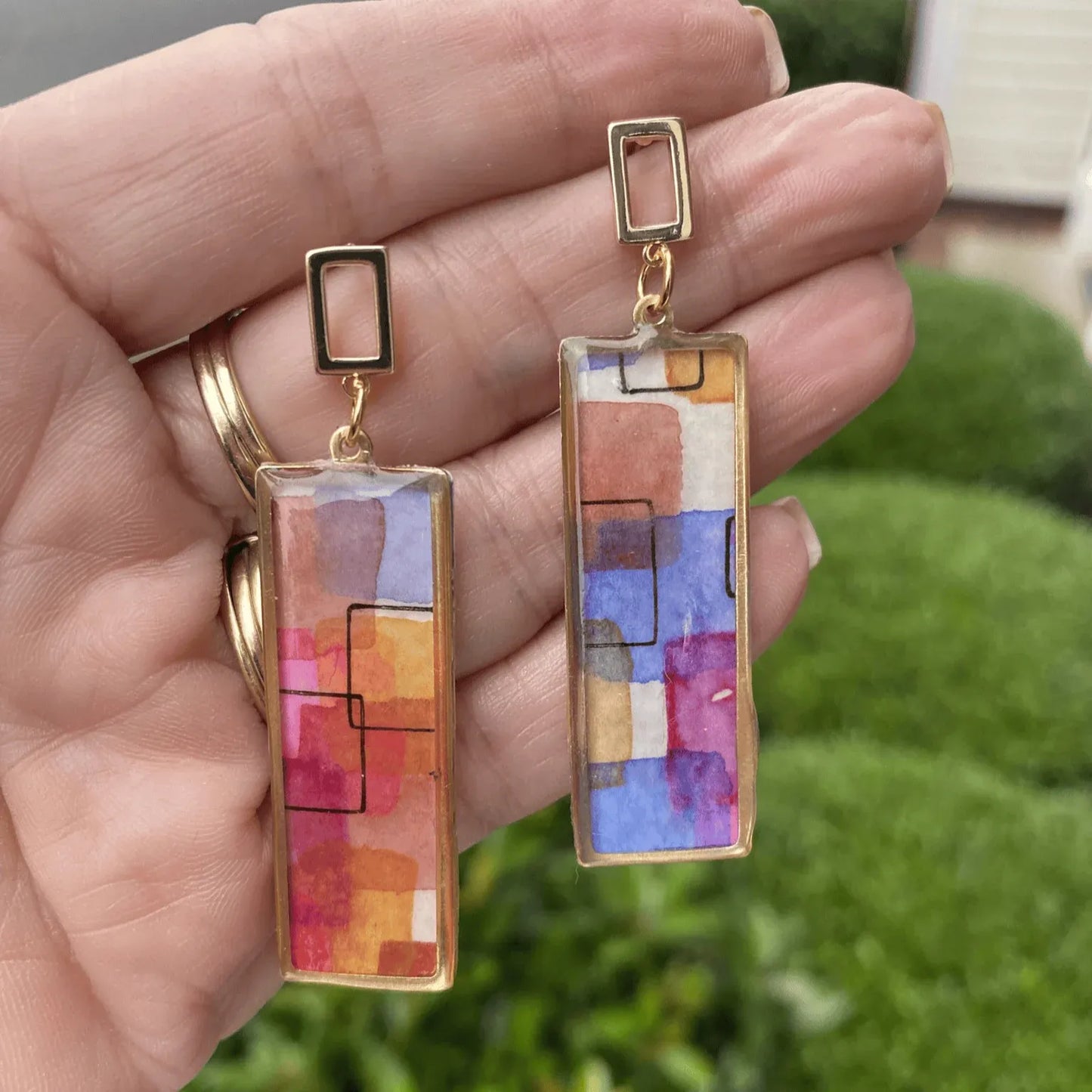 Framed Rectangle Abstract Watercolor Dangle Earrings – Handmade in Charlotte NC