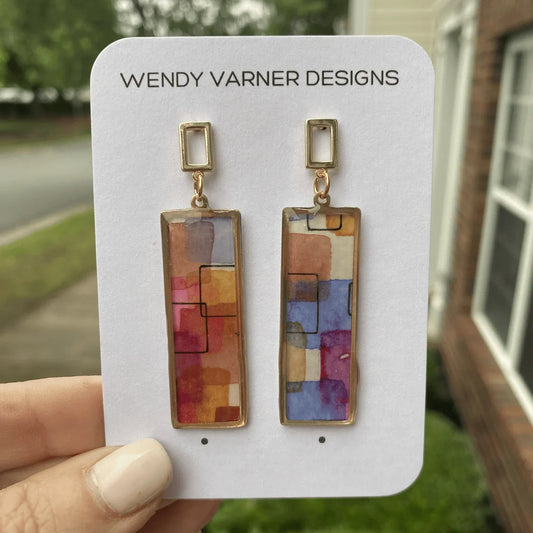 Framed Rectangle Abstract Watercolor Dangle Earrings – Handmade in Charlotte NC