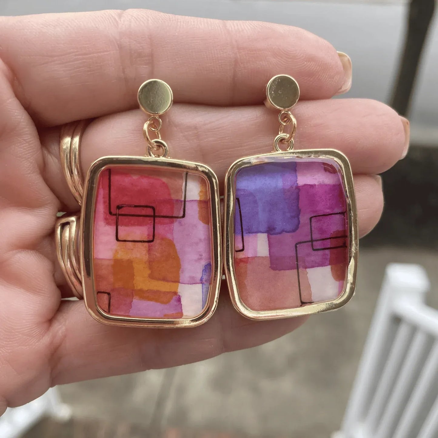 Framed Abstract Watercolor Dangle Earrings – Handmade in Charlotte NC
