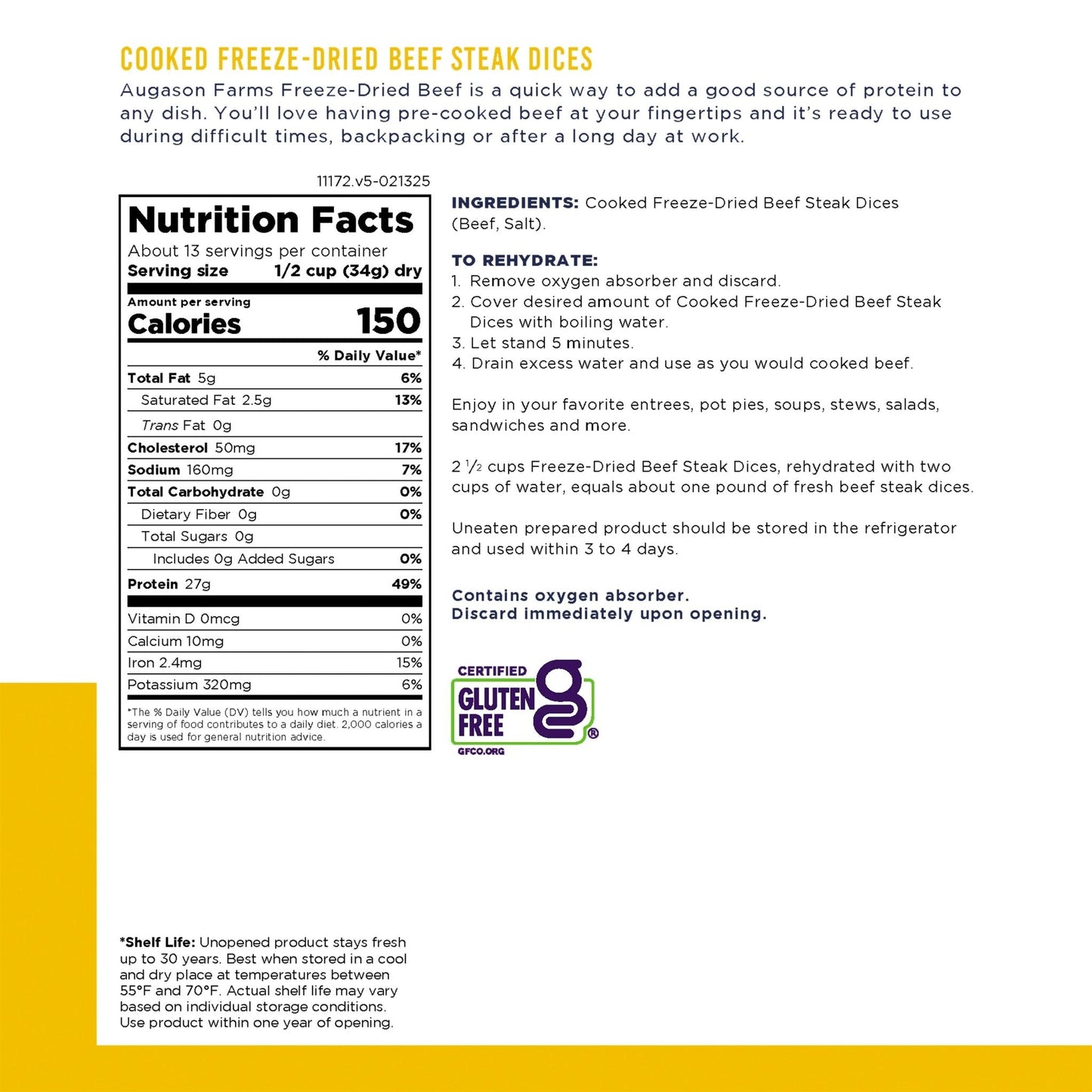 Cooked Freeze Dried Beef Steak Dices Can, 13 Servings