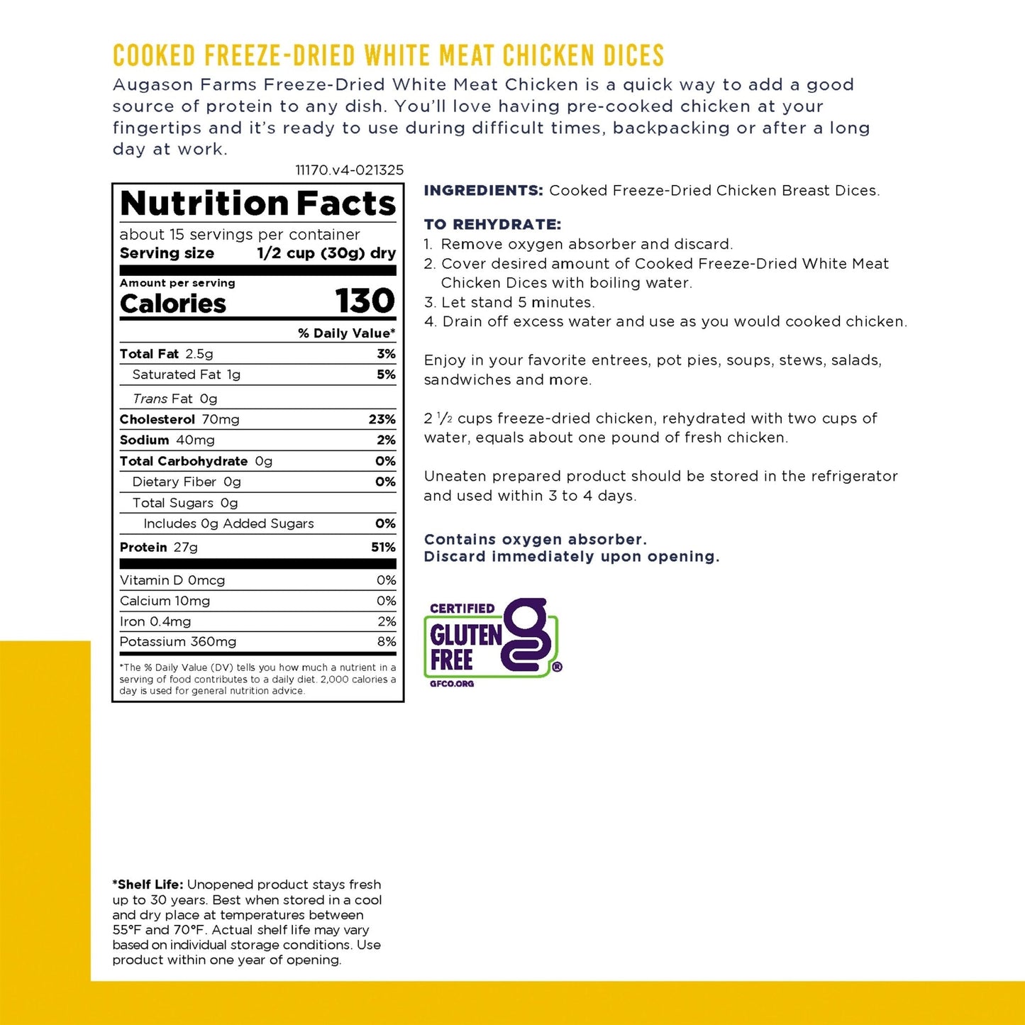 Cooked Freeze Dried White Meat Chicken Dices Can, 15 Servings