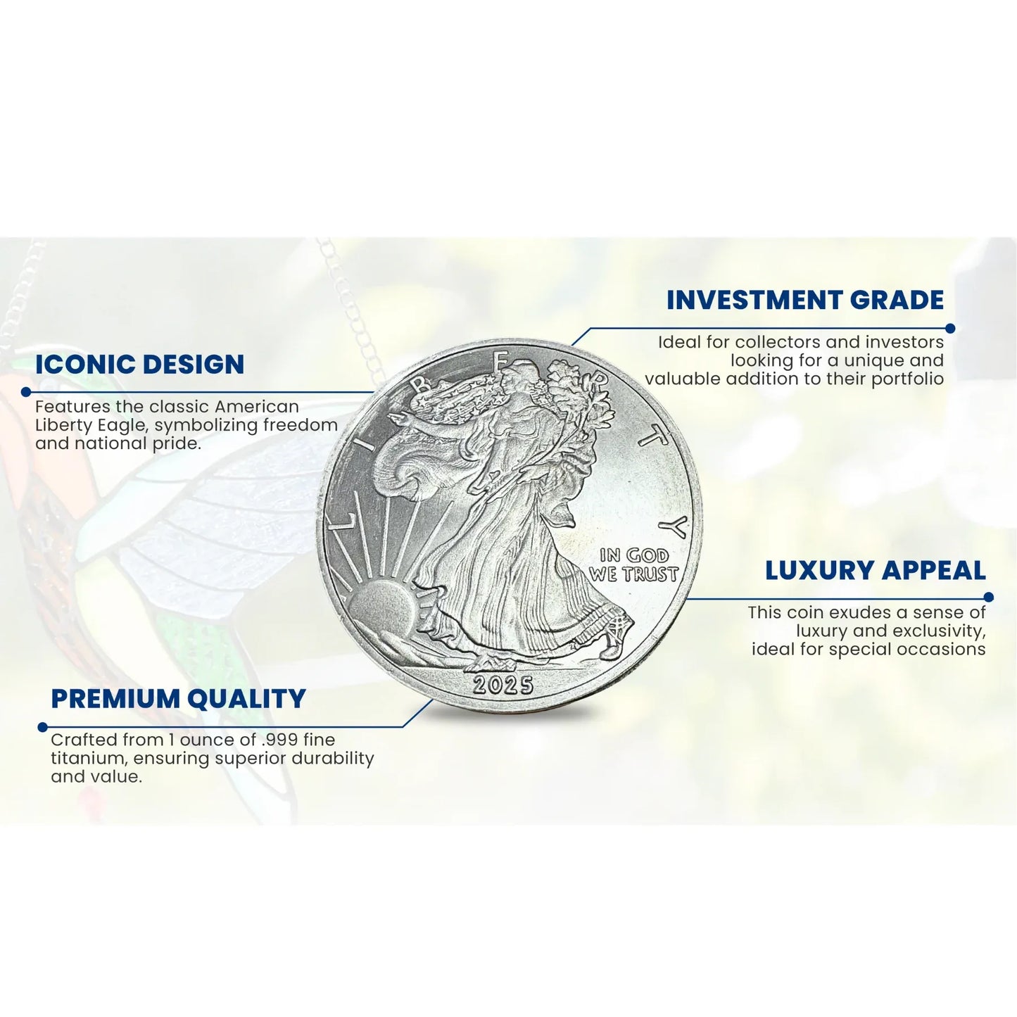2025 1 Ounce OZ 999 Fine Solid USA American Liberty Eagle Coin Titanium Precious Metal Ingot Bullion Ti Element Chemistry Proof Mint Coin