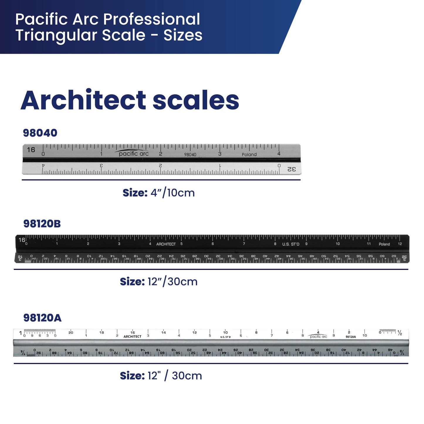 Pacific Arc - Professional Aluminum Triangular Scale - Architecture Scale - 12 inch / 30cm or 4 inch/ 10cm - For students and professionals - Great for Drafting, Architecture, Engineering, and Art