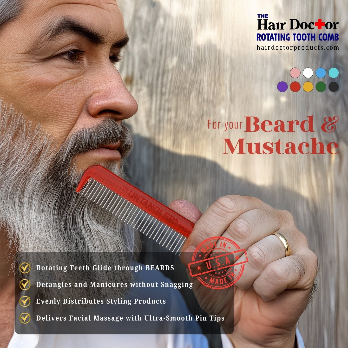 Pocket Comb with Narrow - Spaced rotating Pins Reduces Hair Damage - Hair Doctor Products - Little Red General Store