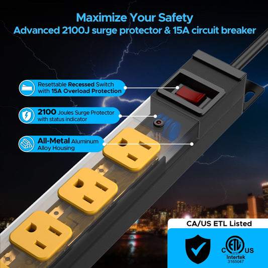 CRST Mountable Long Power Strip, 8 Outlets or 12 outlets 2100 Joules Surge Protector, Slim Metal Power Bar with 6FT Extension Cord, ETL Listed.