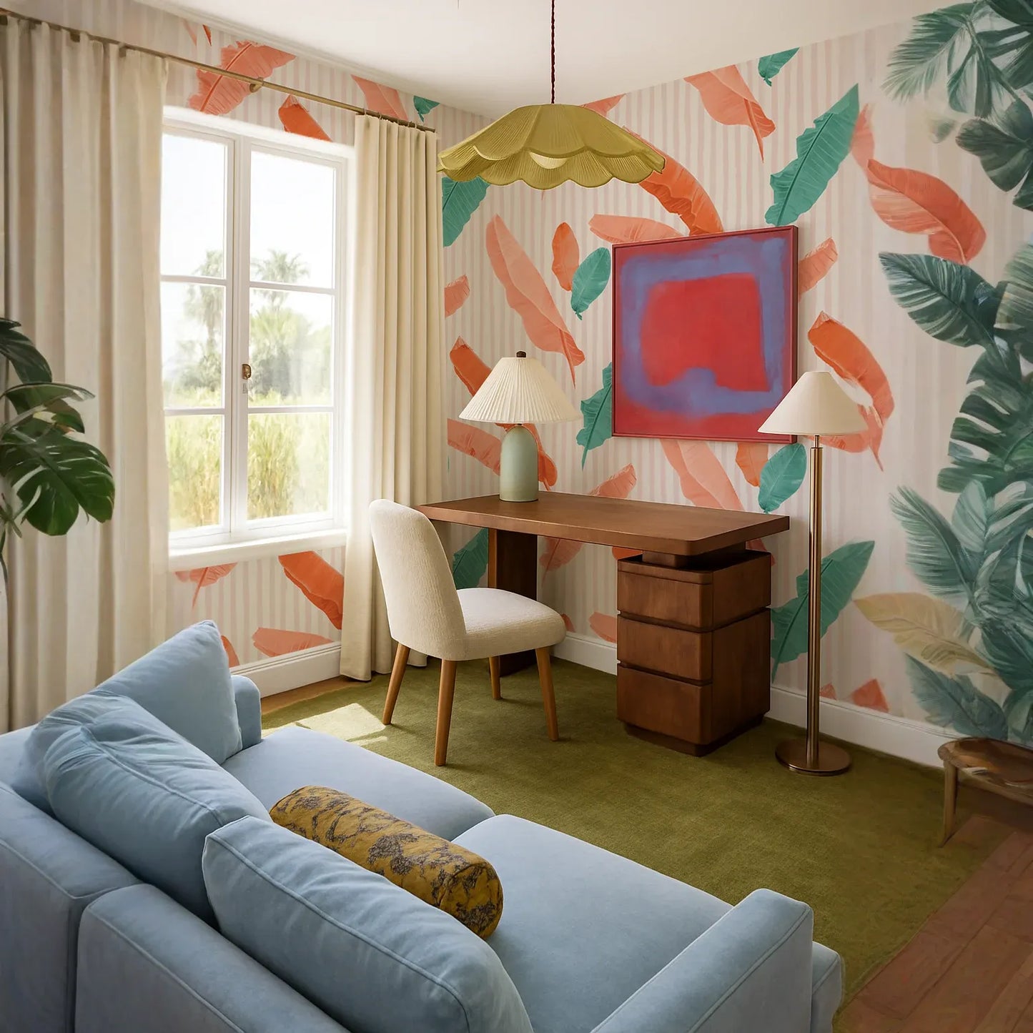 Banana Cabana Wallpaper, coral and teal
