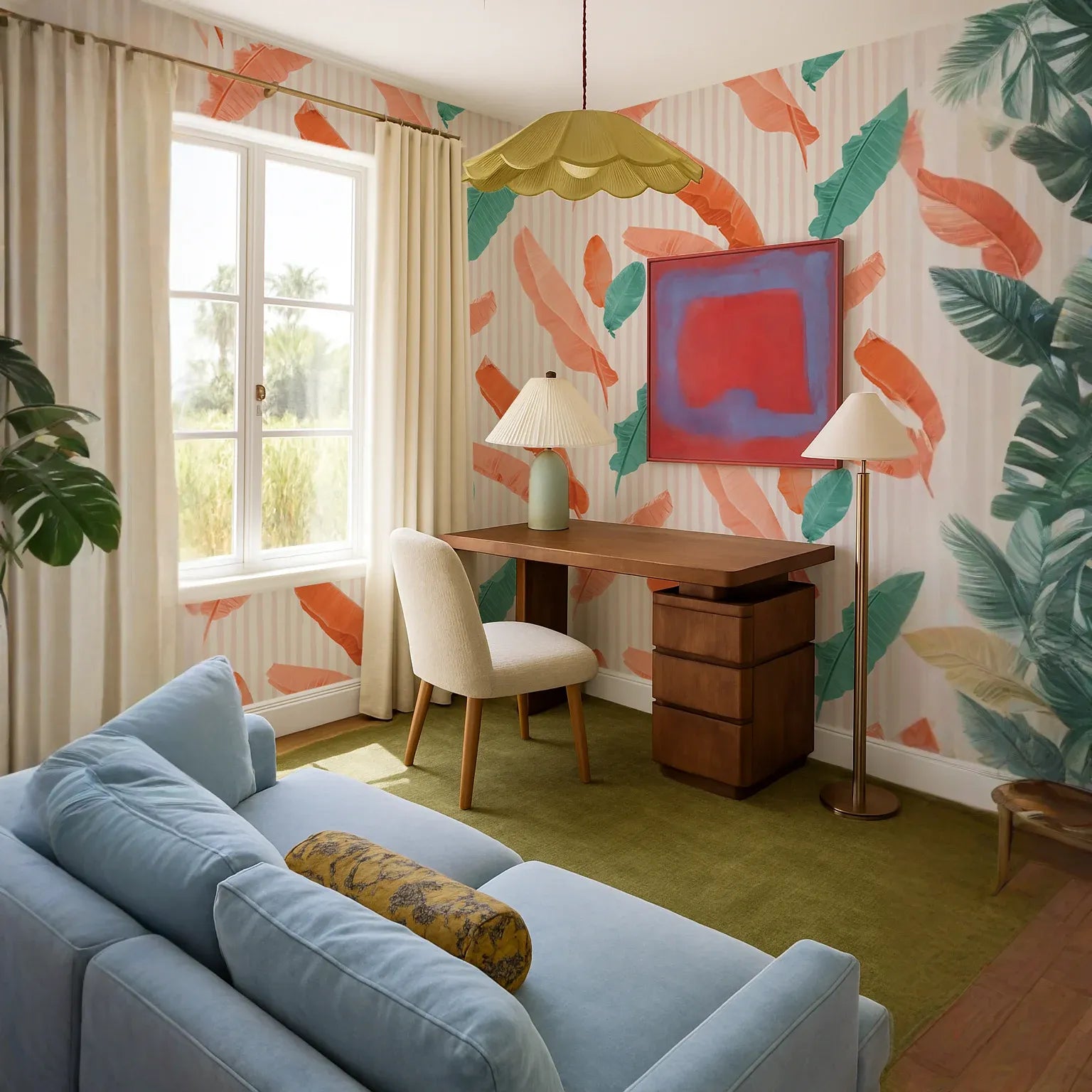 Banana Cabana Wallpaper, coral and teal