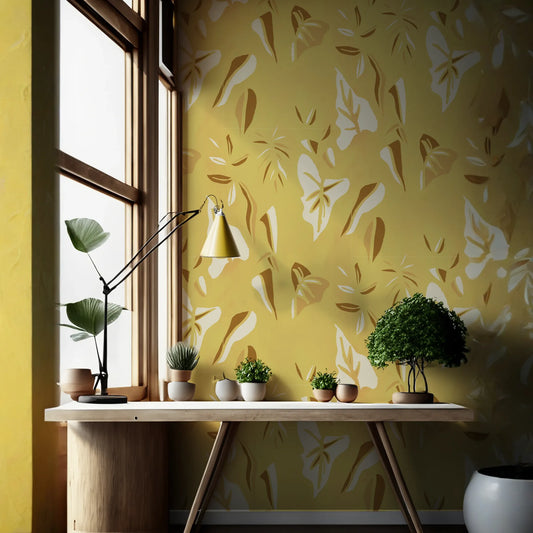 Block Print Foliage Wallpaper, yellow