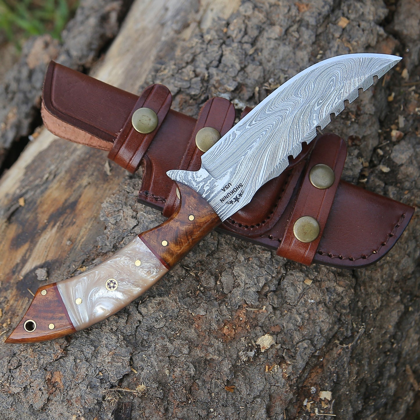 Lynx Handmade Damascus Knife with Mother of Pearl Resin & Rosewood Handle