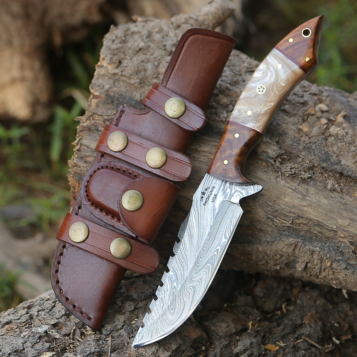 Lynx Handmade Damascus Knife with Mother of Pearl Resin & Rosewood Handle