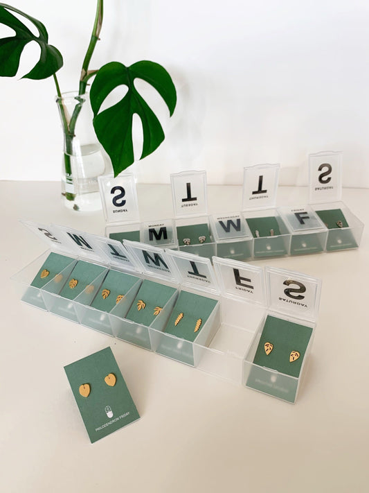 Pill Case 7 Day Plant Metal Stud Earrings