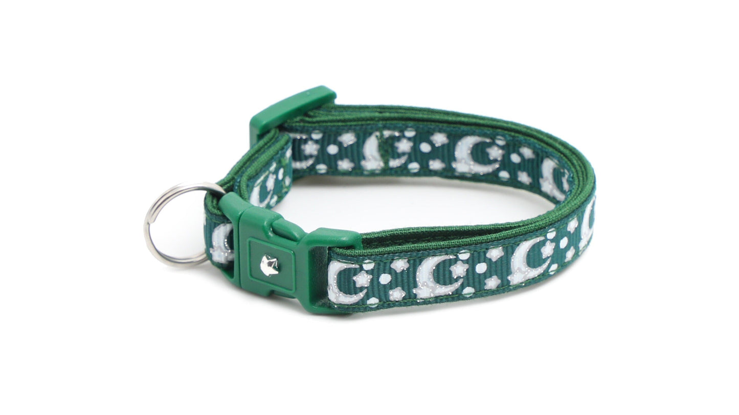 Silver Moons and Stars on Dark Green Cat Collar