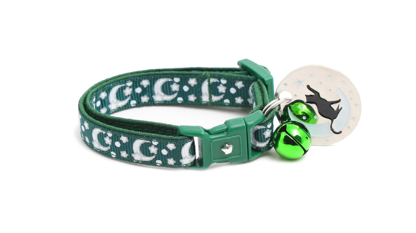 Silver Moons and Stars on Dark Green Cat Collar