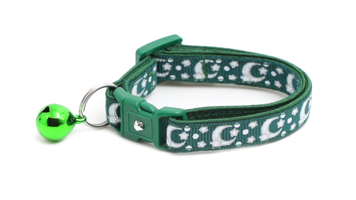 Silver Moons and Stars on Dark Green Cat Collar