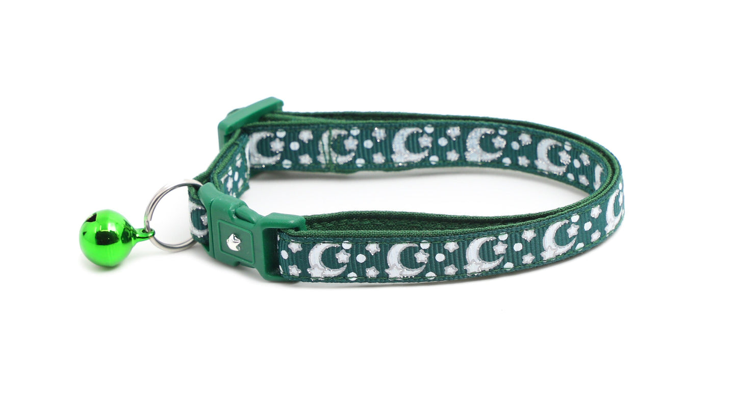 Silver Moons and Stars on Dark Green Cat Collar