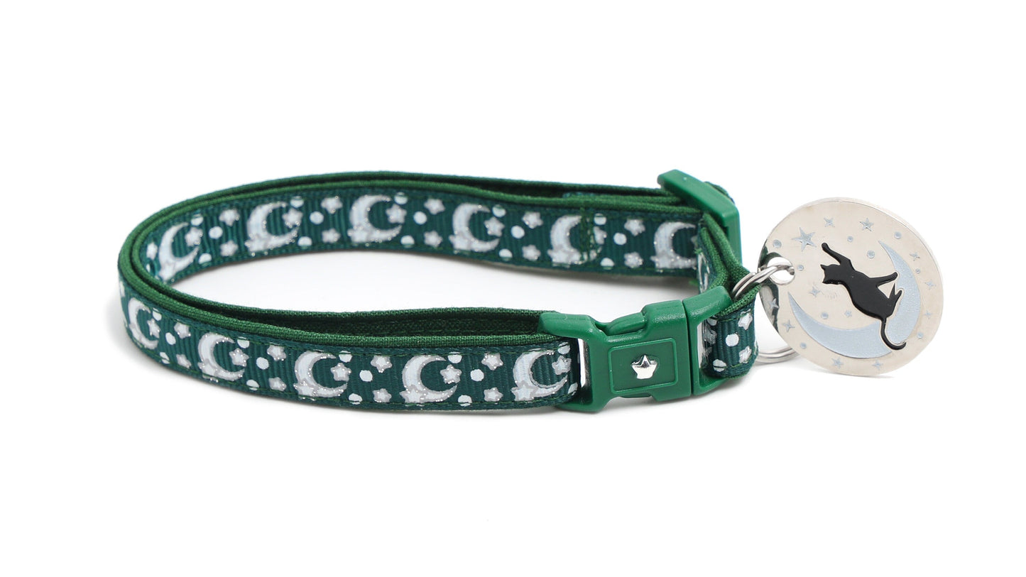 Silver Moons and Stars on Dark Green Cat Collar