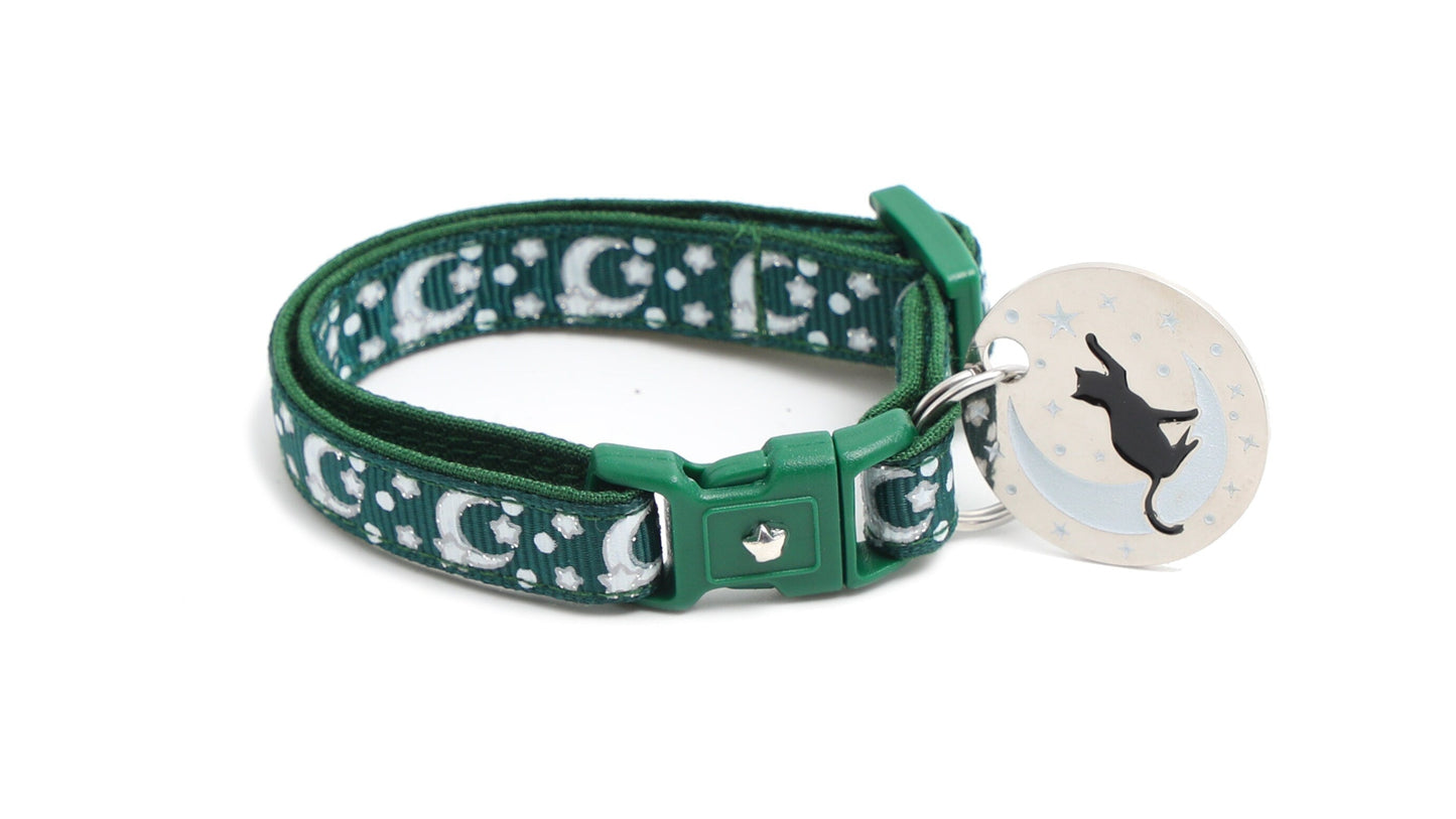 Silver Moons and Stars on Dark Green Cat Collar